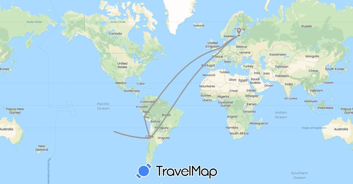 TravelMap itinerary: driving, plane in Chile, Finland, France, Netherlands, Peru (Europe, South America)